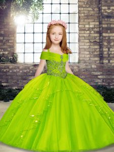Ball Gowns Tulle Straps Sleeveless Beading Floor Length Lace Up Kids Pageant Dress