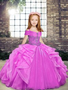 Perfect Floor Length Lilac Winning Pageant Gowns Organza Sleeveless Beading and Ruffles