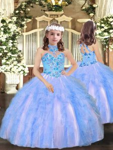 Blue Halter Top Neckline Appliques and Ruffles Girls Pageant Dresses Sleeveless Lace Up