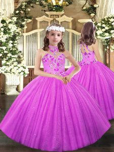 Admirable Lilac Ball Gowns Halter Top Sleeveless Tulle Floor Length Lace Up Appliques Little Girls Pageant Dress Wholesa