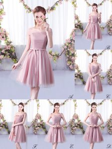 Fashion Pink Tulle Lace Up Wedding Guest Dresses Sleeveless Knee Length Belt