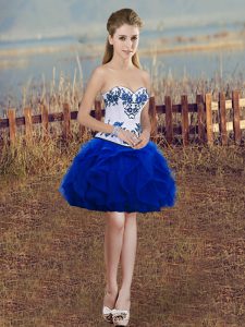 Royal Blue Tulle Lace Up Homecoming Dress Sleeveless Mini Length Embroidery and Ruffles