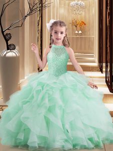 Wonderful Apple Green Ball Gowns Tulle High-neck Sleeveless Beading and Ruffles Floor Length Lace Up Little Girls Pagean