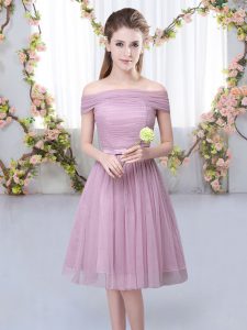 Short Sleeves Knee Length Belt Lace Up Court Dresses for Sweet 16 with Pink