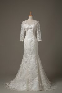 Fashion White Mermaid V-neck 3 4 Length Sleeve Lace Brush Train Lace Up Lace and Hand Made Flower Wedding Dress