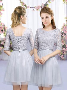 Empire Bridesmaid Dress Grey Scoop Tulle Half Sleeves Mini Length Lace Up