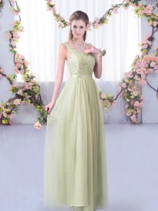 Excellent Floor Length Yellow Green Bridesmaid Dresses Tulle Sleeveless Lace and Belt