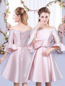 Low Price Baby Pink A-line Bowknot Bridesmaids Dress Lace Up Satin 3 4 Length Sleeve Mini Length