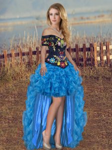 Simple High Low Lace Up Prom Dresses Blue And Black for Prom and Party with Embroidery and Ruffles