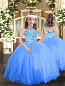 Elegant Blue Sleeveless Floor Length Appliques Lace Up Pageant Dress Toddler