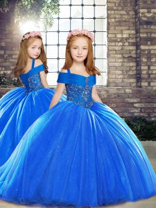 Custom Fit Royal Blue Sleeveless Brush Train Beading Little Girl Pageant Gowns