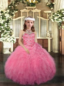 Floor Length Ball Gowns Sleeveless Pink Girls Pageant Dresses Lace Up