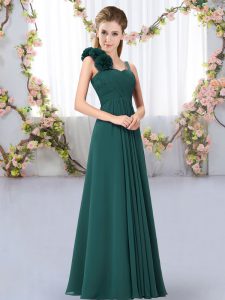 Peacock Green Chiffon Lace Up Straps Sleeveless Floor Length Wedding Party Dress Hand Made Flower