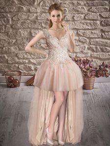 High Class V-neck Sleeveless Lace Up Dress for Prom Pink Tulle