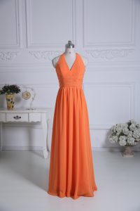 Orange Zipper Bridesmaid Dress Ruching Sleeveless Floor Length
