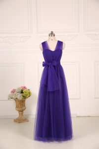 Lovely Floor Length Purple Bridesmaids Dress Tulle Sleeveless Ruching
