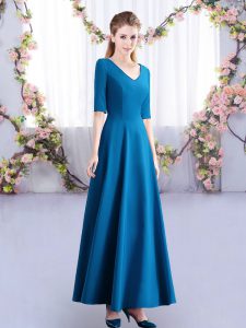 Teal Bridesmaid Gown Wedding Party with Ruching V-neck Half Sleeves Zipper
