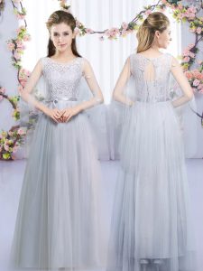Floor Length Grey Wedding Party Dress Tulle Sleeveless Lace and Belt