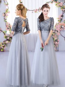 Hot Selling Tulle Scoop Half Sleeves Lace Up Appliques Dama Dress in Grey