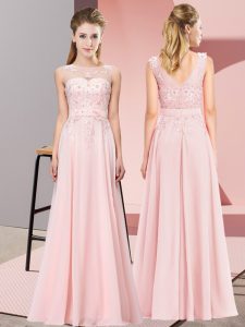 Baby Pink Zipper Scoop Beading and Appliques Quinceanera Court of Honor Dress Chiffon Sleeveless