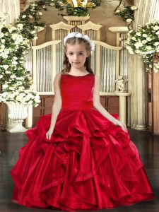 Latest Red Ball Gowns Ruffles Pageant Dress for Girls Lace Up Organza Sleeveless Floor Length