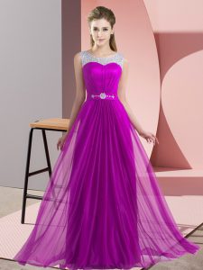 Empire Bridesmaid Dresses Purple Scoop Chiffon Sleeveless Floor Length Lace Up
