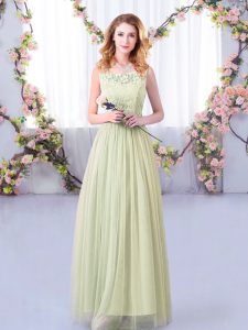 Exquisite Scoop Sleeveless Bridesmaids Dress Floor Length Lace and Belt Yellow Green Tulle