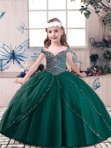 Glorious Floor Length Lace Up Kids Pageant Dress Dark Green for Military Ball and Wedding Party with Beading