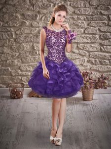 Edgy Purple Ball Gowns Scoop Sleeveless Tulle Mini Length Lace Up Beading and Ruffles