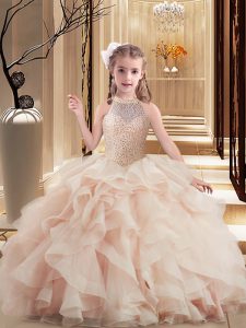 High Quality Floor Length Pink Little Girls Pageant Dress High-neck Sleeveless Brush Train Lace Up