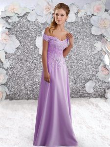 Lavender Empire Off The Shoulder Sleeveless Chiffon Floor Length Zipper Beading and Lace