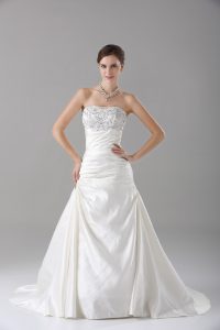 White Sleeveless Satin Brush Train Lace Up Wedding Gowns for Wedding Party