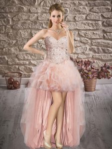 Customized Sweetheart Sleeveless Prom Dress High Low Lace and Ruffles Pink Tulle