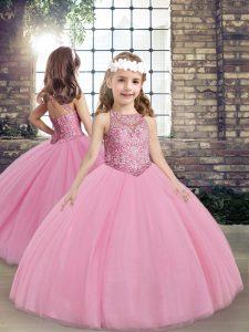 Beautiful Lilac Ball Gowns Scoop Sleeveless Taffeta Floor Length Lace Up Beading Kids Formal Wear