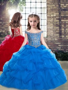 Sleeveless Organza Floor Length Lace Up Little Girl Pageant Gowns in Blue with Beading
