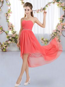 Delicate Watermelon Red Sleeveless Chiffon Lace Up Bridesmaid Dress for Wedding Party
