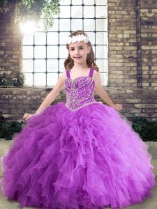 Straps Sleeveless Kids Formal Wear Floor Length Beading and Ruching Purple Tulle