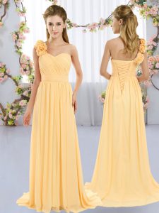 Stunning Lace Up Wedding Party Dress Gold for Wedding Party with Hand Made Flower Brush Train