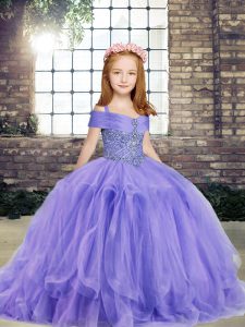 Sleeveless Floor Length Beading Lace Up Pageant Dress Wholesale with Lavender