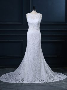 Exceptional White Backless Scoop Lace Bridal Gown Lace Sleeveless Brush Train