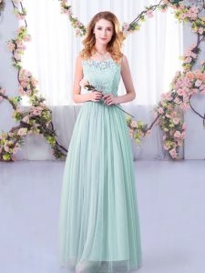 Suitable Light Blue Tulle Side Zipper Scoop Sleeveless Floor Length Bridesmaid Dresses Lace and Belt