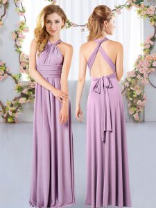 Latest Lavender Sleeveless Floor Length Ruching Criss Cross Bridesmaid Dresses