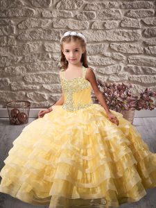 Gold Ball Gowns Beading and Ruffled Layers Kids Pageant Dress Lace Up Tulle Sleeveless