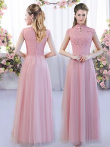 Glamorous Pink Bridesmaid Dress Wedding Party with Lace High-neck Cap Sleeves Zipper