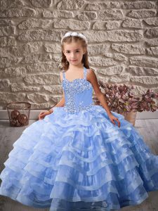 Latest Blue Sleeveless Beading and Ruffled Layers Lace Up Little Girls Pageant Dress