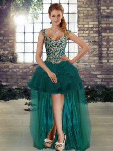 Nice Dark Green A-line Tulle Straps Sleeveless Beading and Ruffles High Low Lace Up Prom Dresses