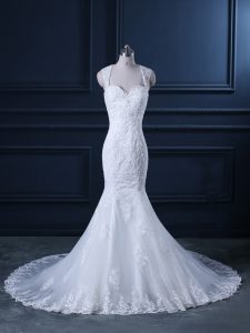 White Wedding Dresses Tulle Brush Train Sleeveless Beading and Lace