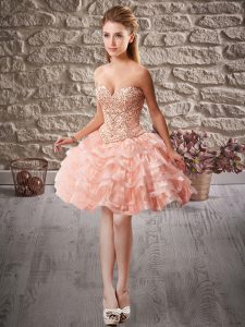 Classical Sleeveless Mini Length Beading and Ruffled Layers Lace Up Prom Party Dress with Peach
