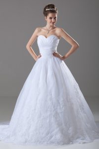 Sumptuous Tulle Sweetheart Sleeveless Brush Train Lace Up Beading and Lace Wedding Dress in White