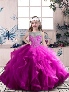 Tulle Scoop Sleeveless Lace Up Beading and Ruffles Little Girls Pageant Dress Wholesale in Fuchsia
